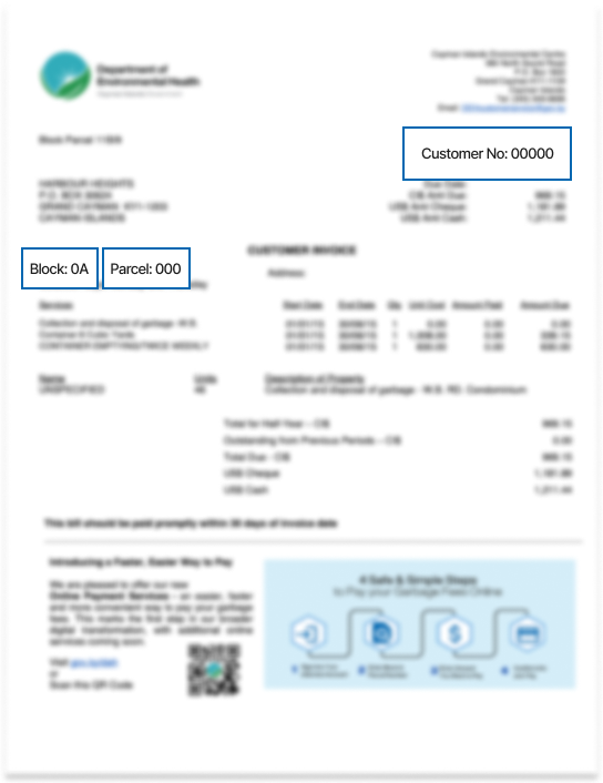 Department of Environmental Health Garbage Fees invoice showing Customer Number, Block and Parcel
